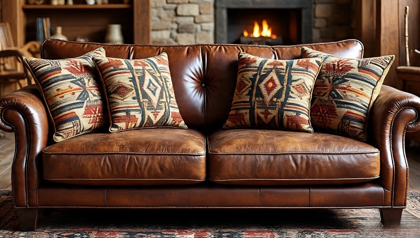 Distressed brown leather sofa with colorful Navajo pattern throw pillows in Southwestern living room
