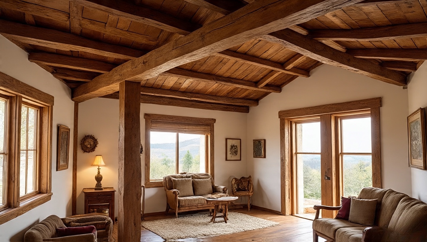 Living room with exposed wooden beams on white plaster ceiling