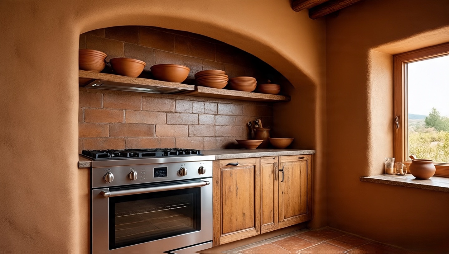 Southwestern kitchen with terracotta backsplash and stainless steel oven