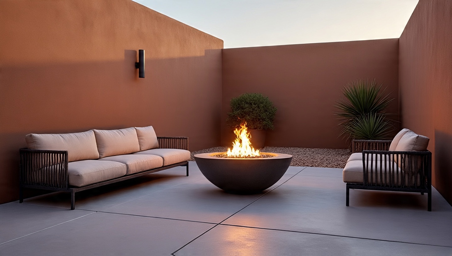 Fire pit positioned safely on a spacious patio with smooth stucco walls and desert plants