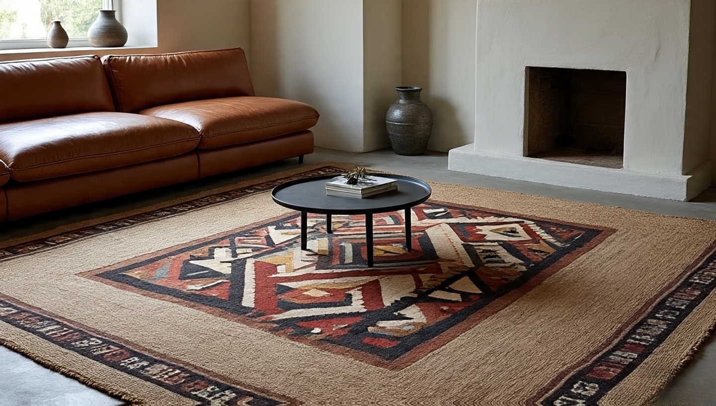 Geometric Navajo storytelling rug with traditional patterns layered over neutral jute base in Southwestern living room