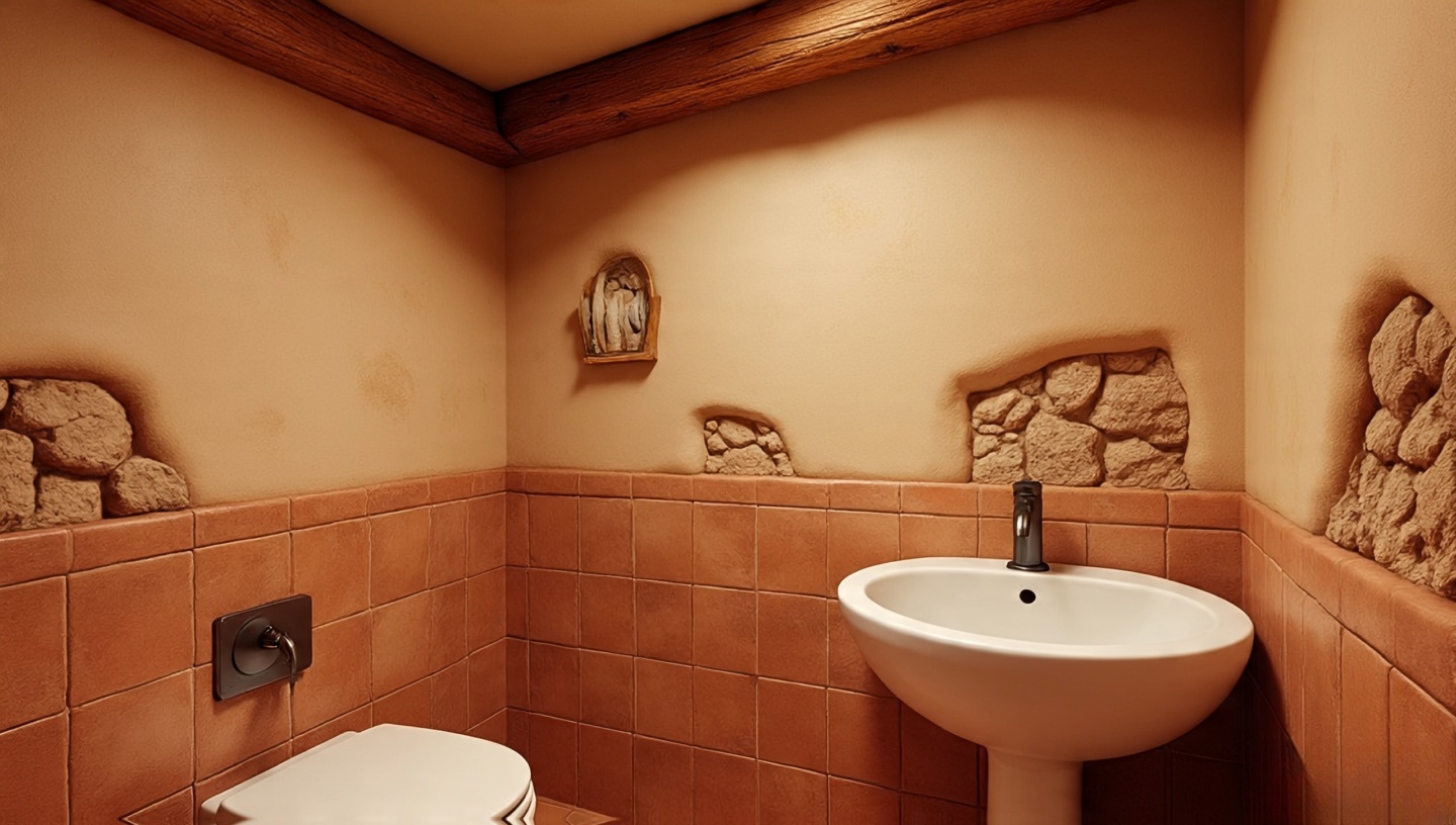 Desert-inspired bathroom corner with adobe textures, earthy tones, and Pueblo Revival details