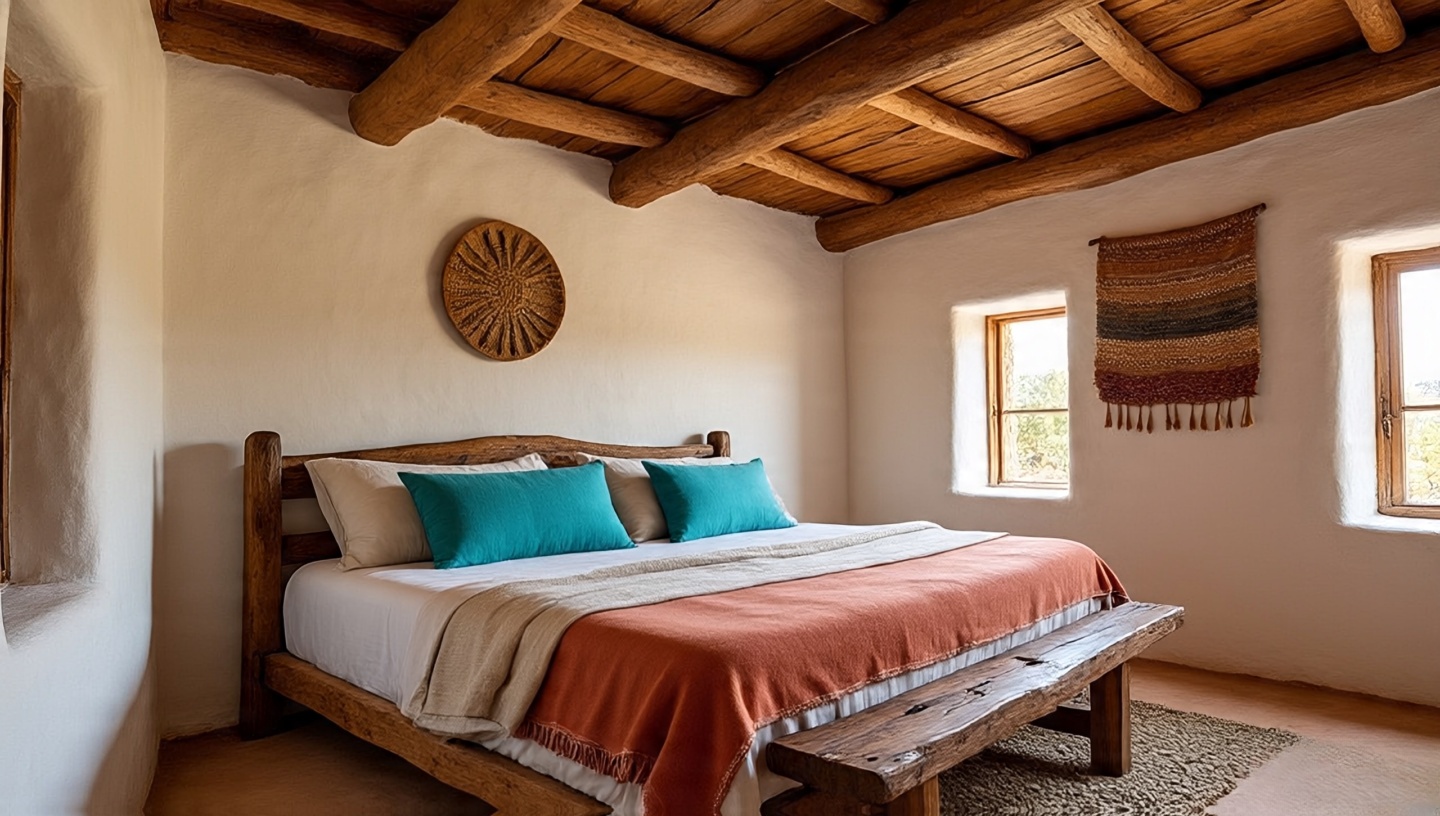 Pueblo Revival bedroom with stucco walls, exposed beams, handcrafted wood bed and woven textile