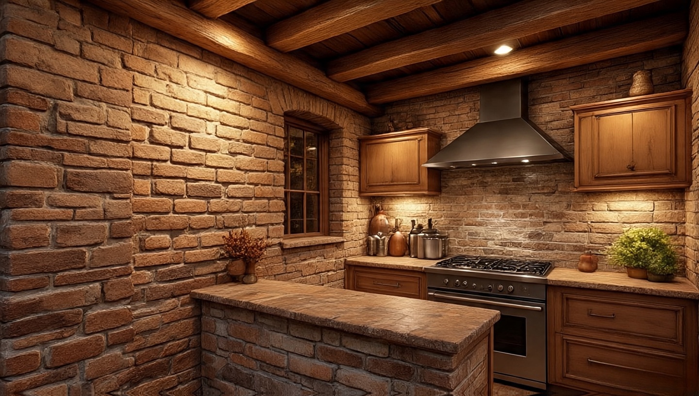 Weathered red brick wall in a Southwestern kitchen