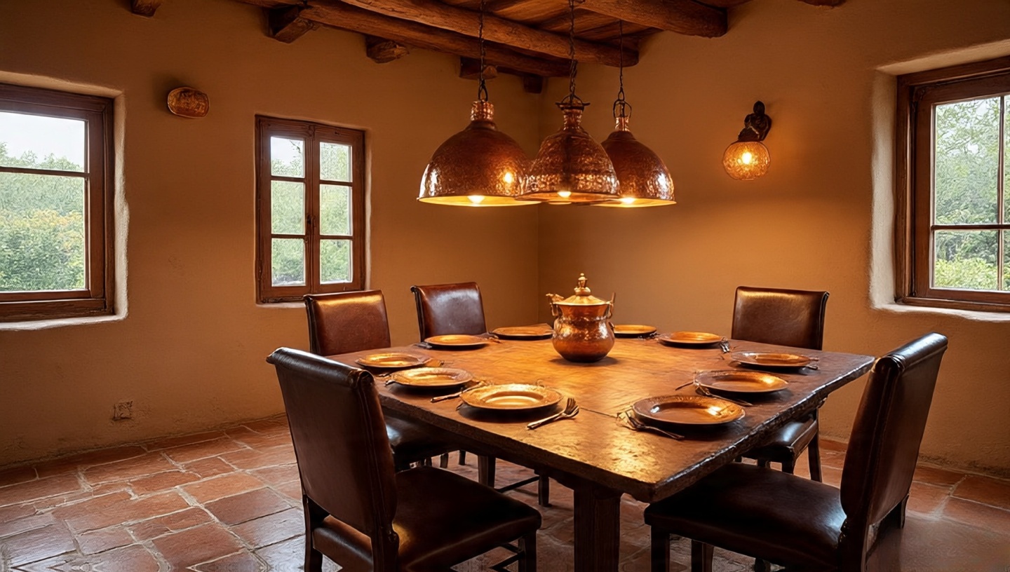 Dining room highlighting hammered copper accents on a tabletop and light fixtures