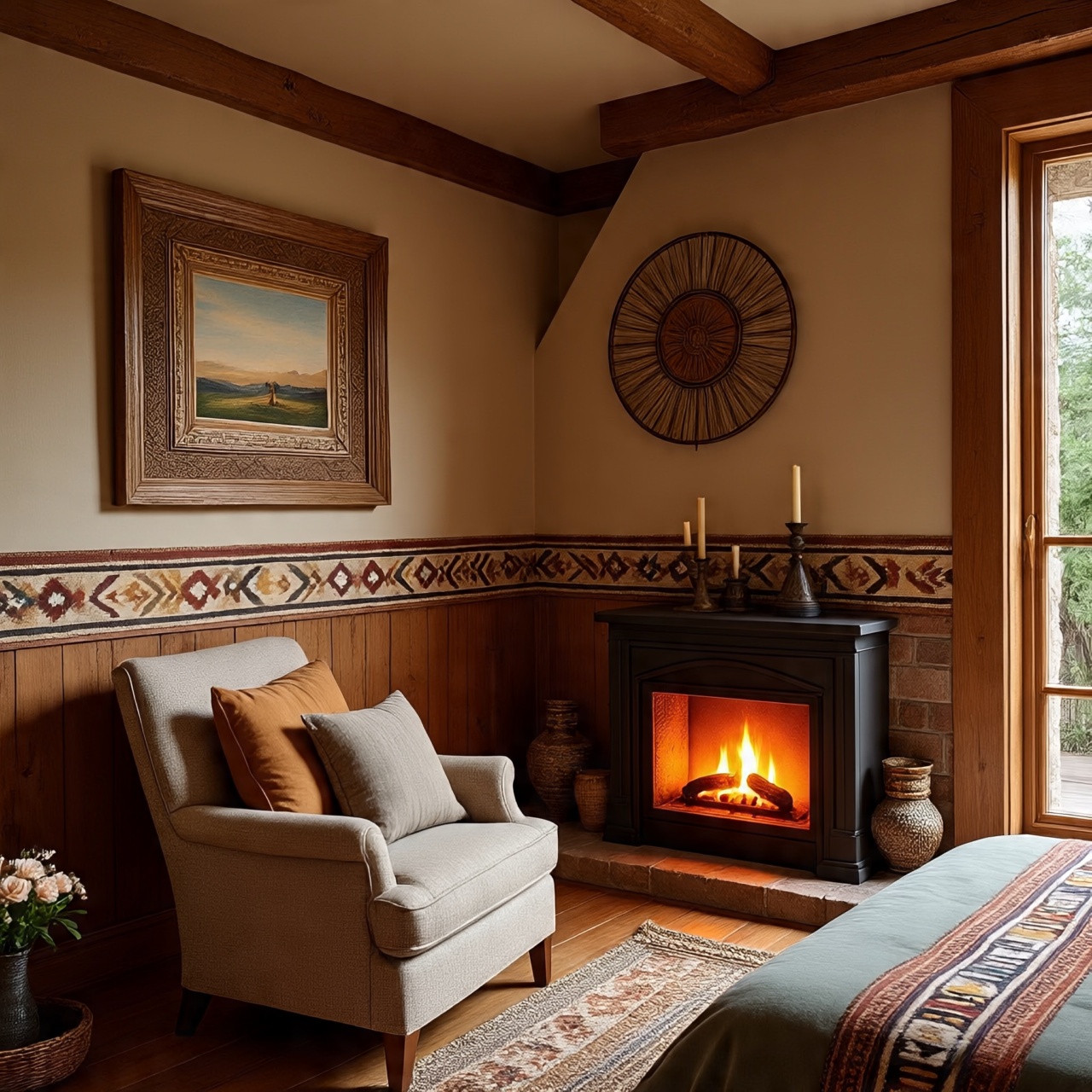 Cozy fireplace corner in Southwestern style bedroom