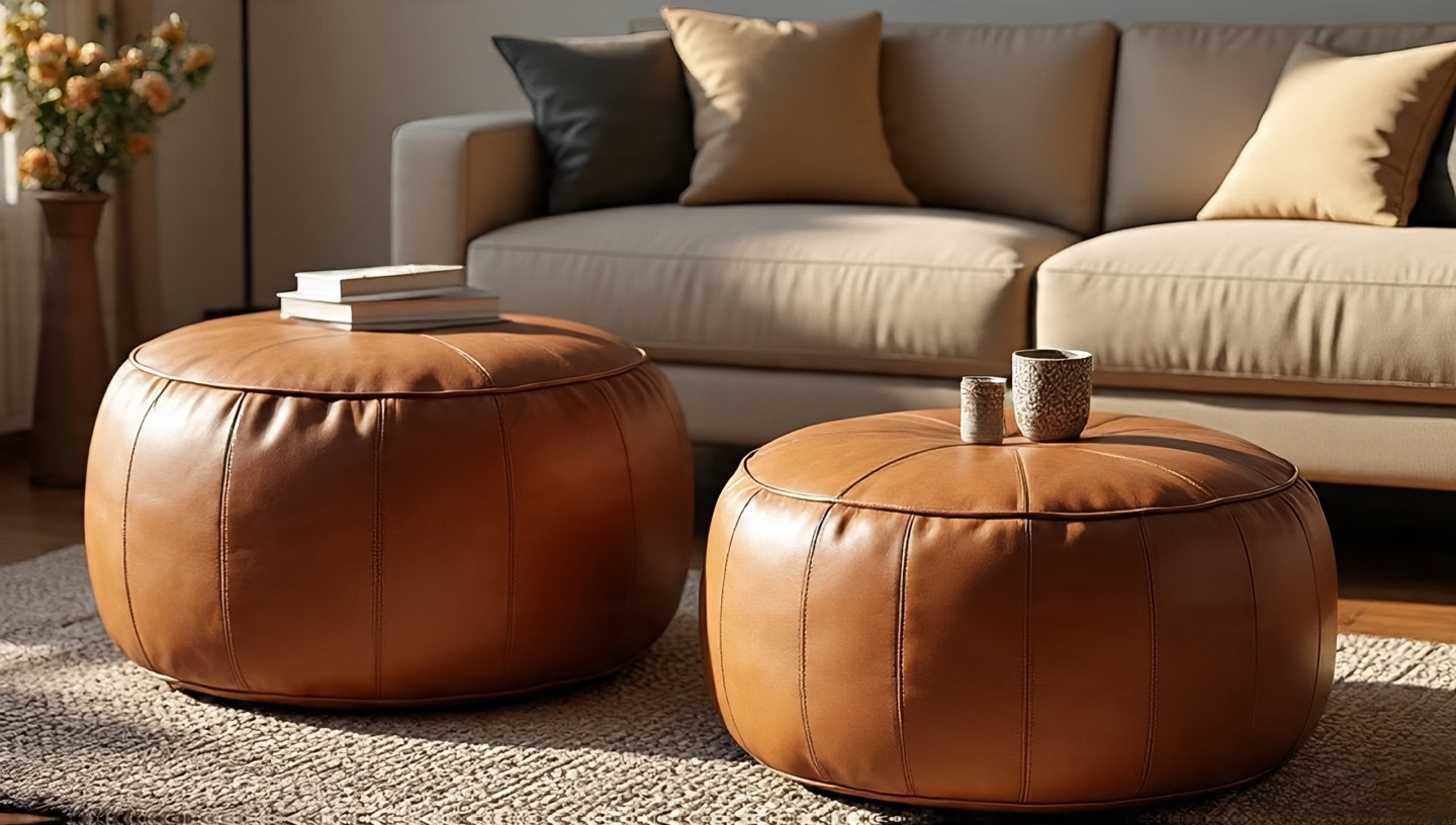 Leather poufs and ottomans in earthy tones providing flexible seating in Southwestern living room