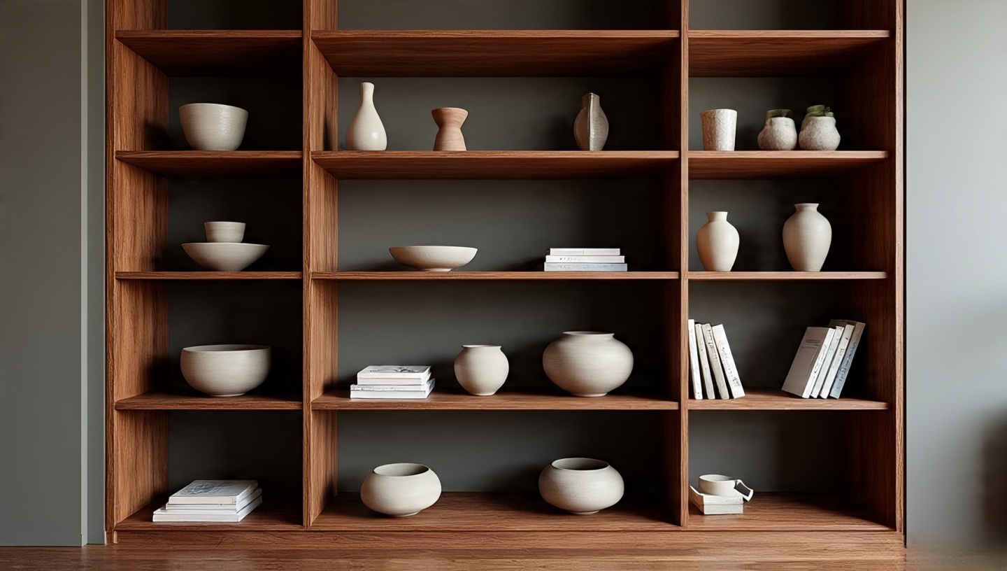 Floating wood shelves displaying pottery and books with ample negative space