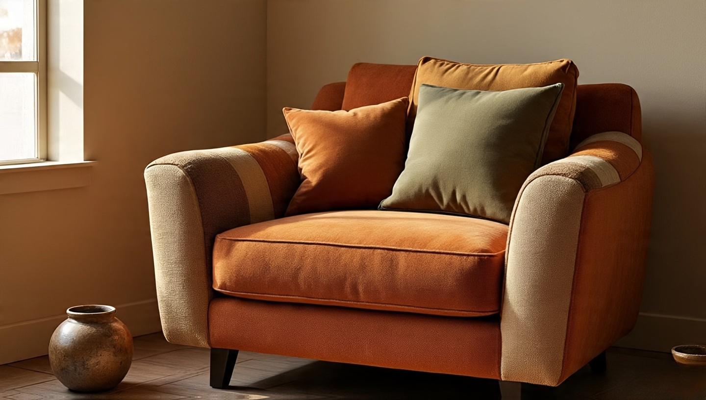 Upholstered armchair in burnt orange earthy tone by a window in a Southwestern room
