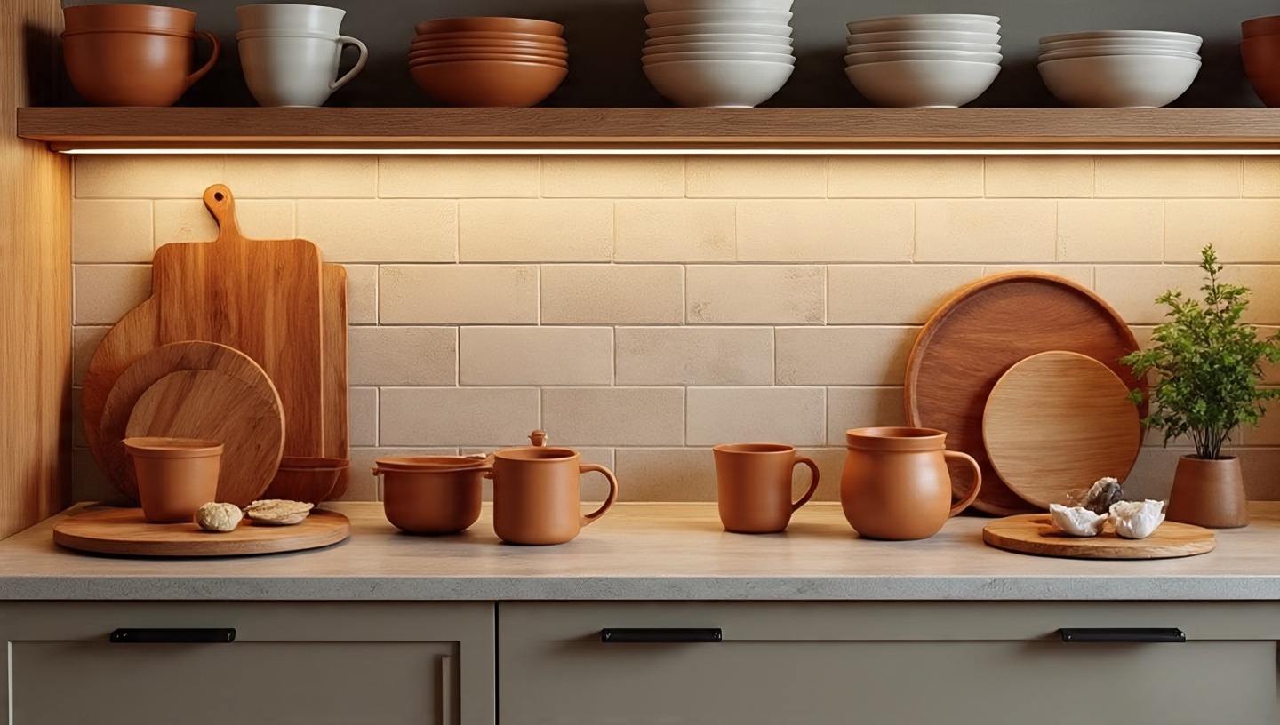Earthy kitchenware display with clay mugs, wooden cutting boards on open shelves in Southwestern kitchen