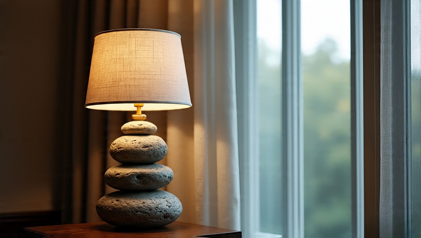 Quiet reading corner with a lamp made from stacked river stones and adobe walls