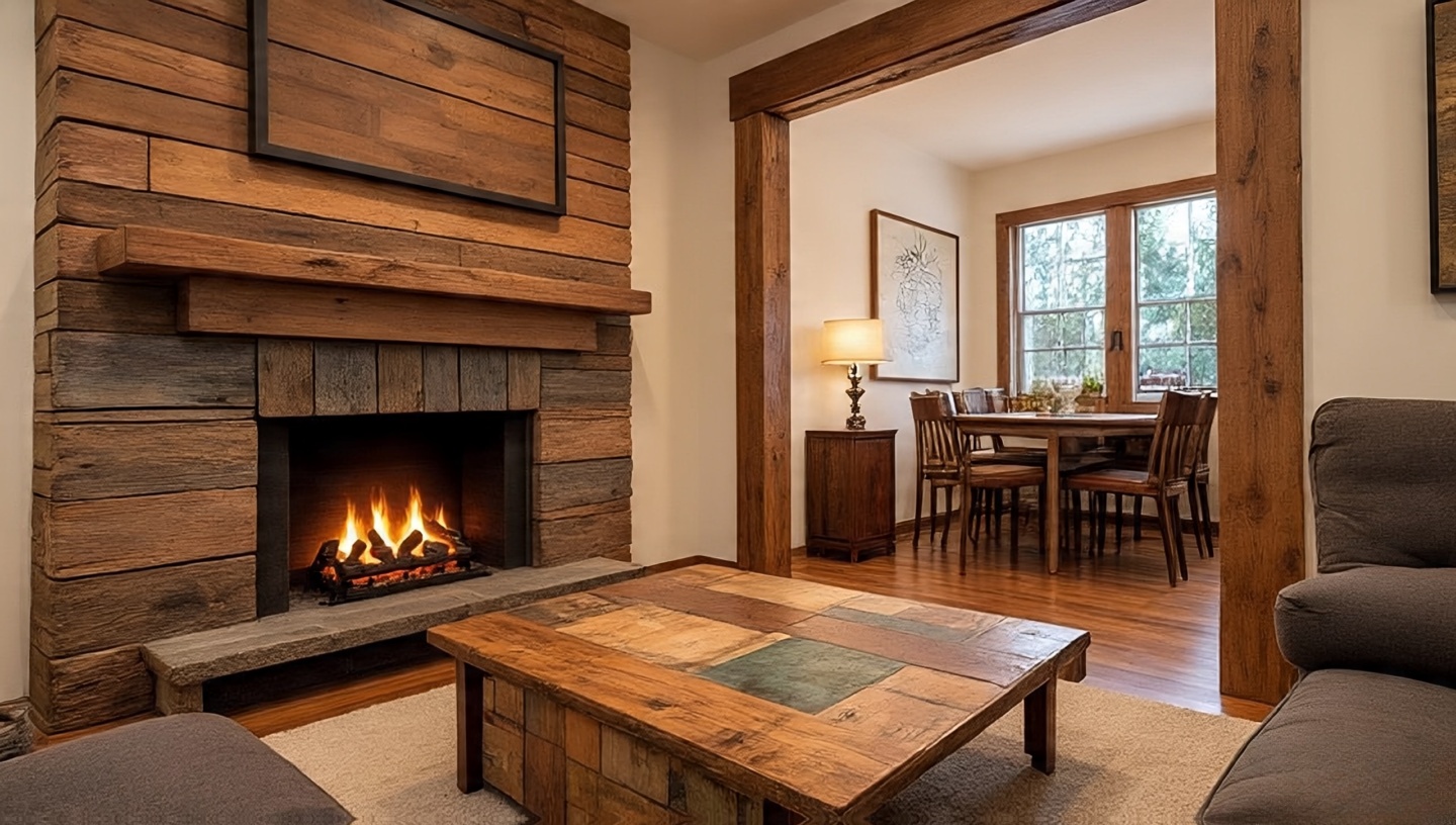 Barn wood mantel with visible nail holes and weathered patina