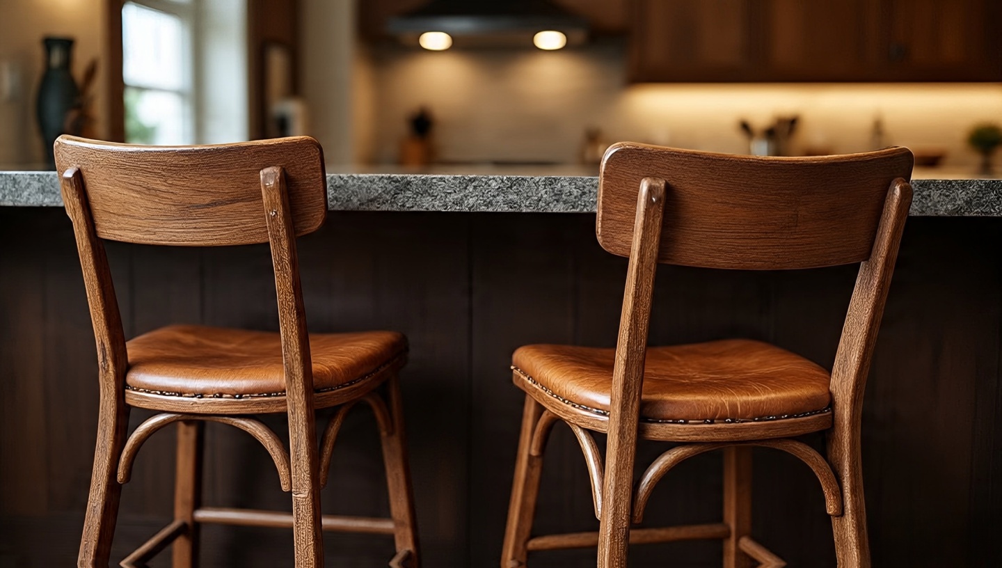 Solid mesquite wood bar stools with leather seats at a Southwestern kitchen island