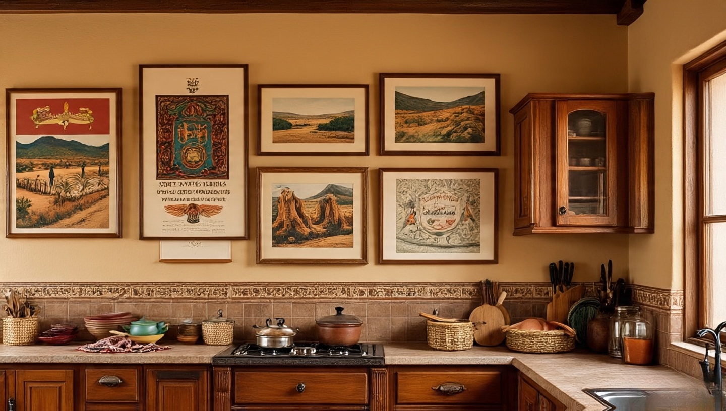 Framed vintage desert landscape prints on a kitchen wall
