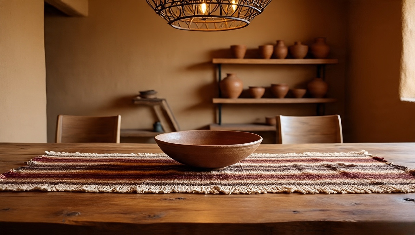 Modern dining table with a handwoven textile runner featuring geometric patterns