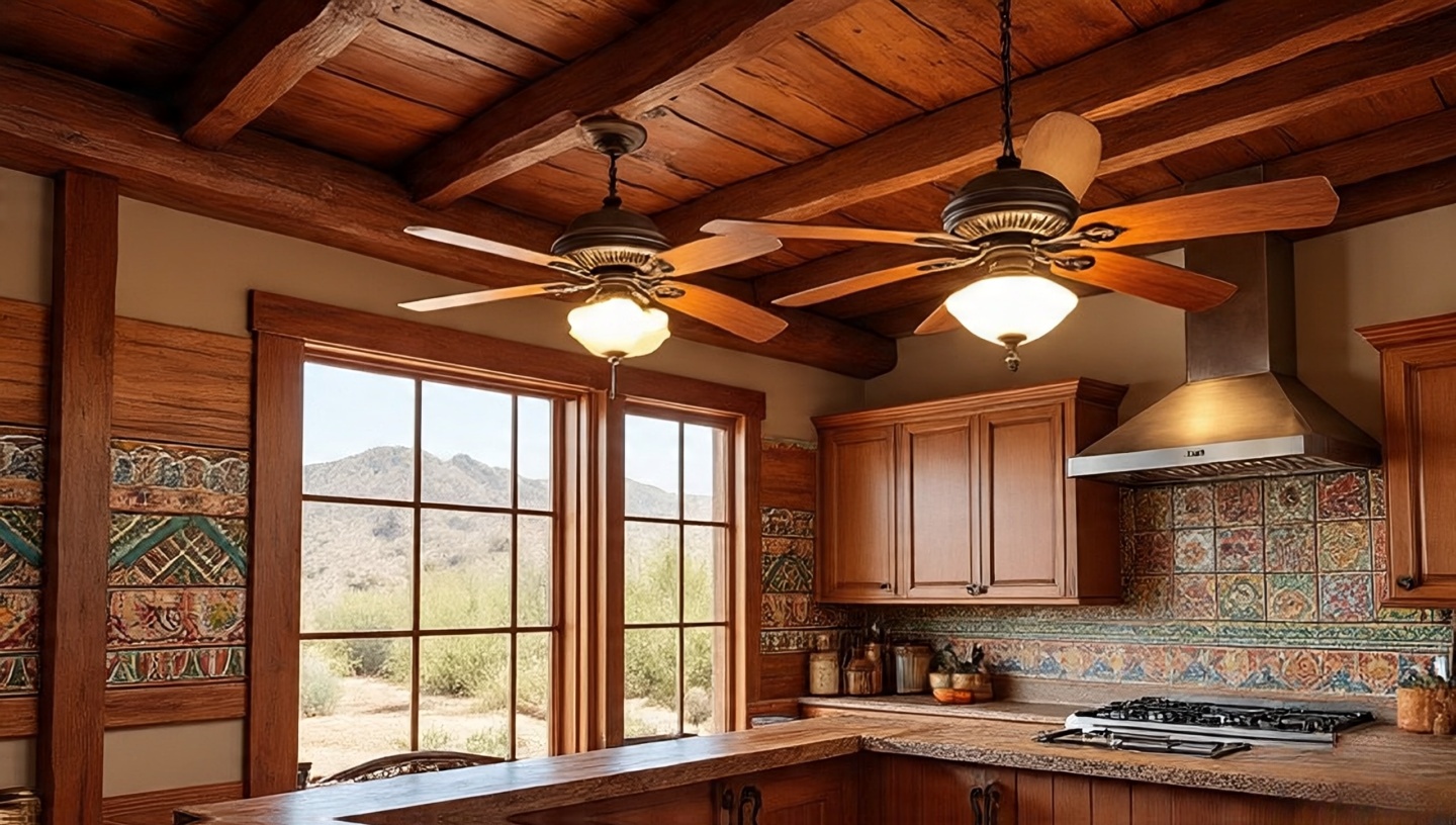 Wooden ceiling fan with iron details in a rustic kitchen