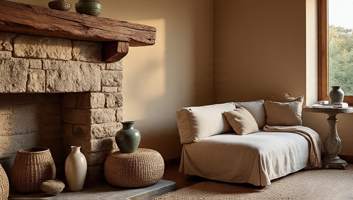 Room celebrating mixed textures with rough-hewn beams, soft linen and woven baskets in Southwestern style