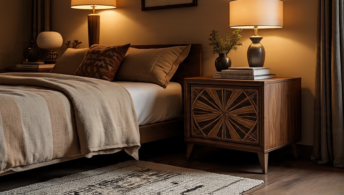 Handcrafted wooden bedside table with turquoise inlaid pulls in a Southwestern bedroom
