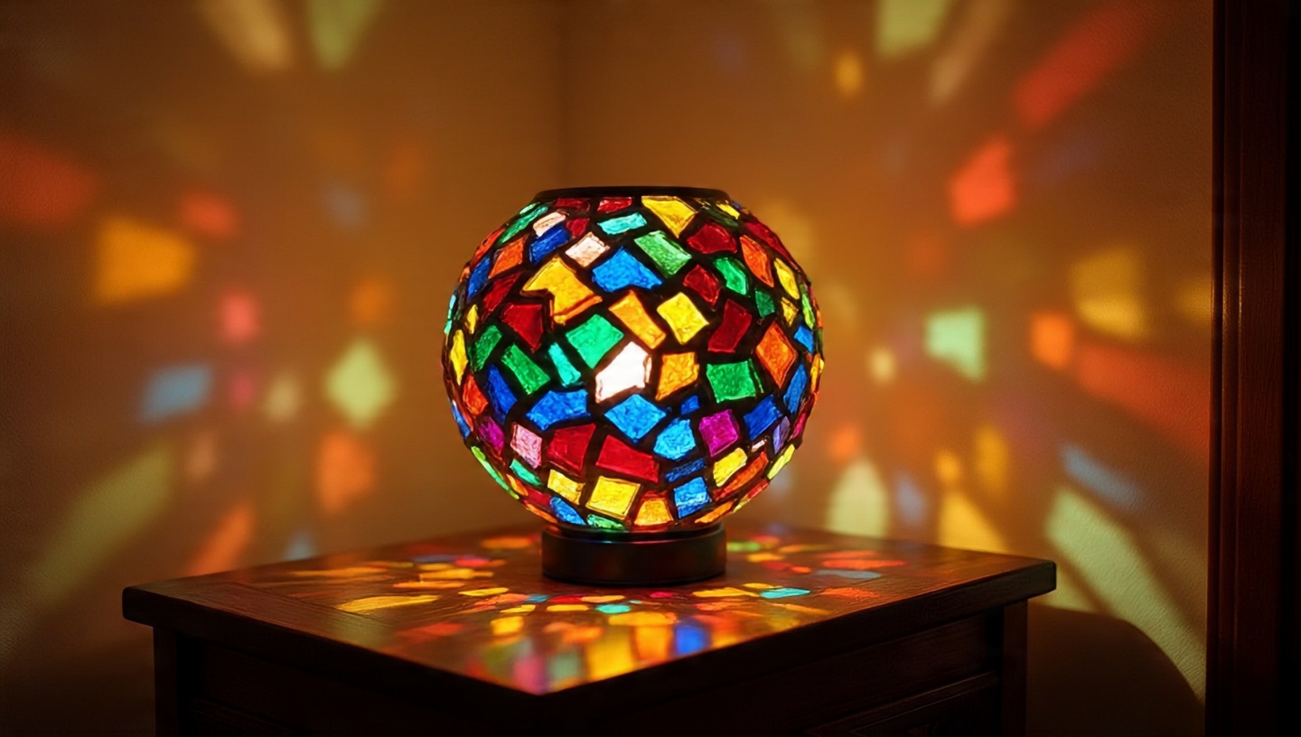 Living room accent with a vibrant multicolor glass mosaic lamp scattering jewel-toned light