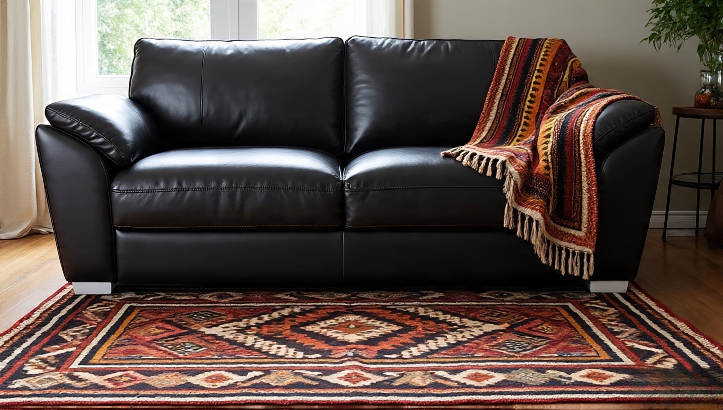 Southwestern rug used as sofa throw