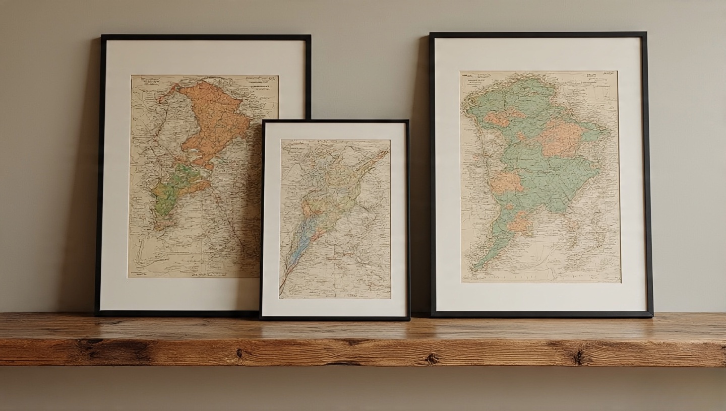 Framed vintage territory map with faded ochre and ink colors
