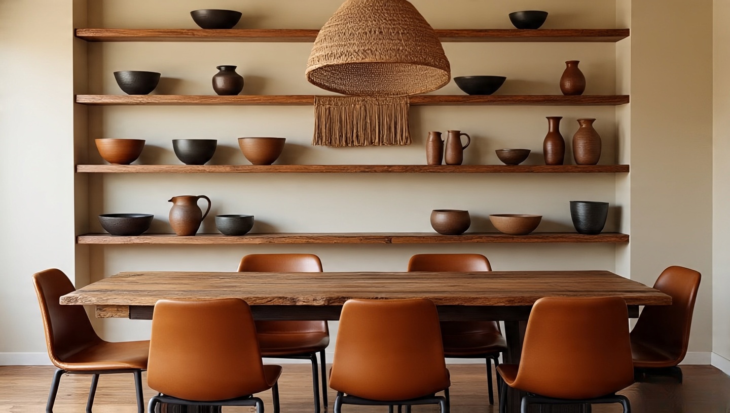 Modern dining room featuring open shelving displaying a collection of pottery