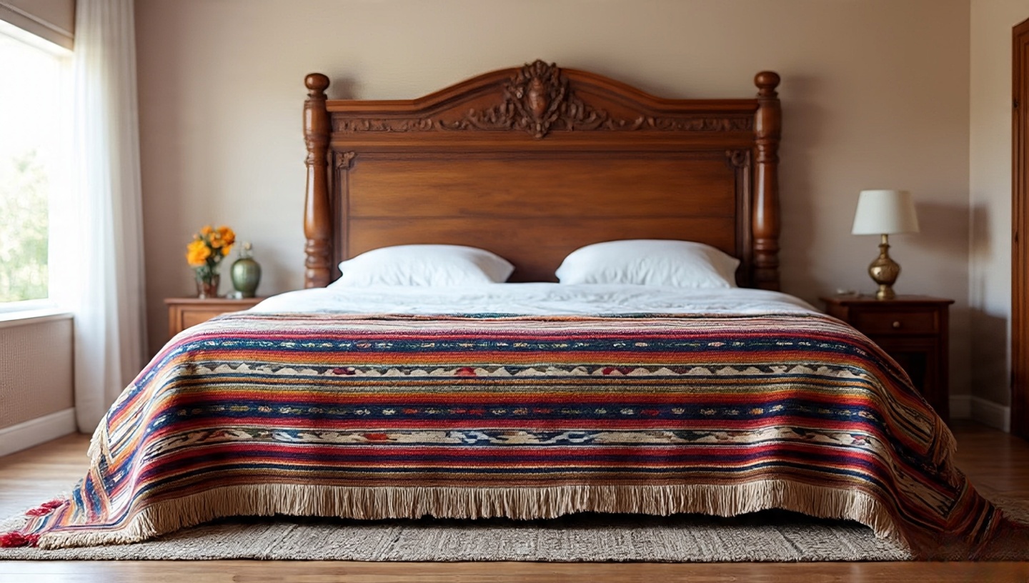 Southwestern rug used as bed blanket