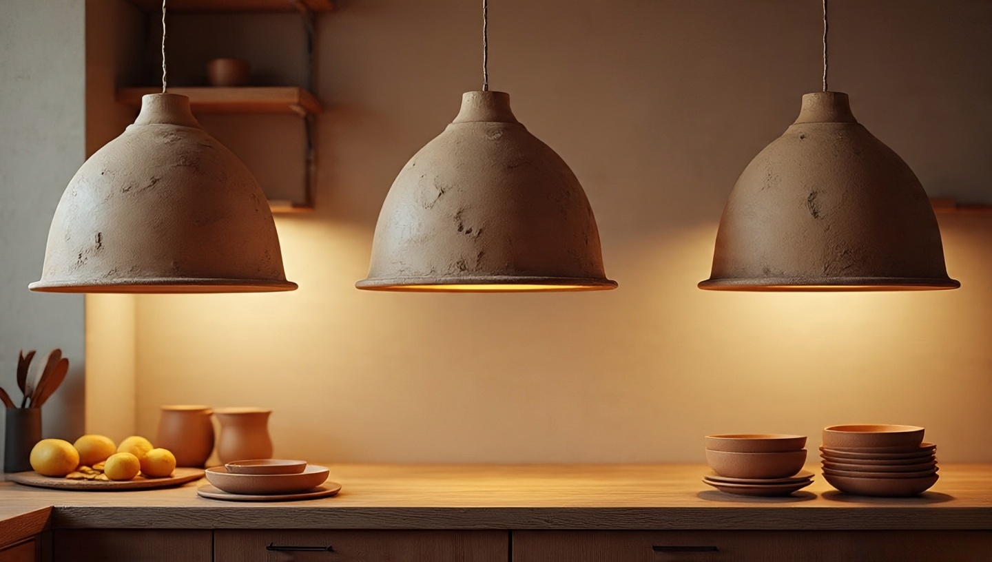 Kitchen morning scene with adobe-style dome pendant lights hanging low over a breakfast table