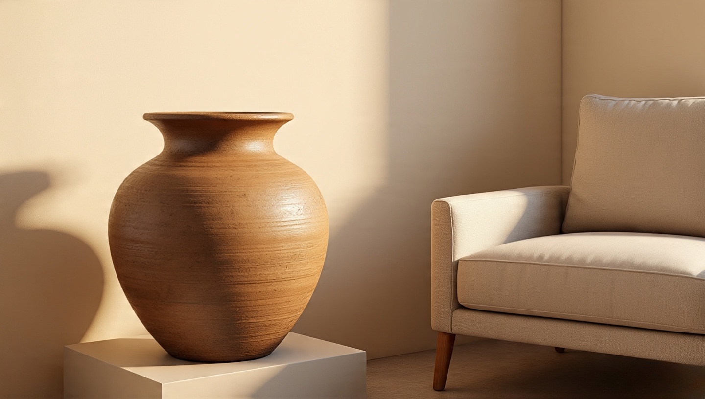 Serene corner with minimal clutter featuring handcrafted rug and statement pot for maximum impact