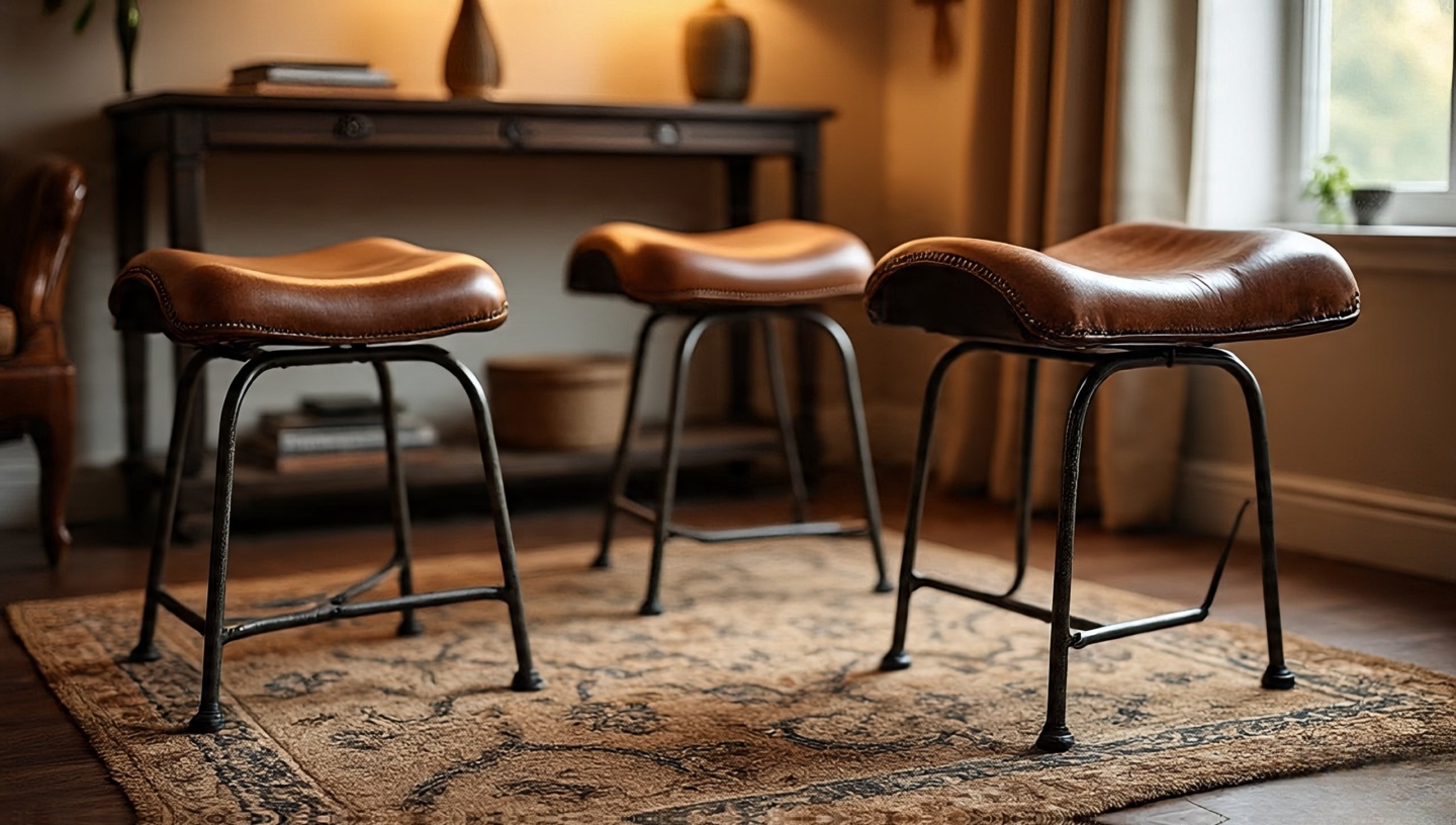 Leather saddle stool with iron legs tucked under console table