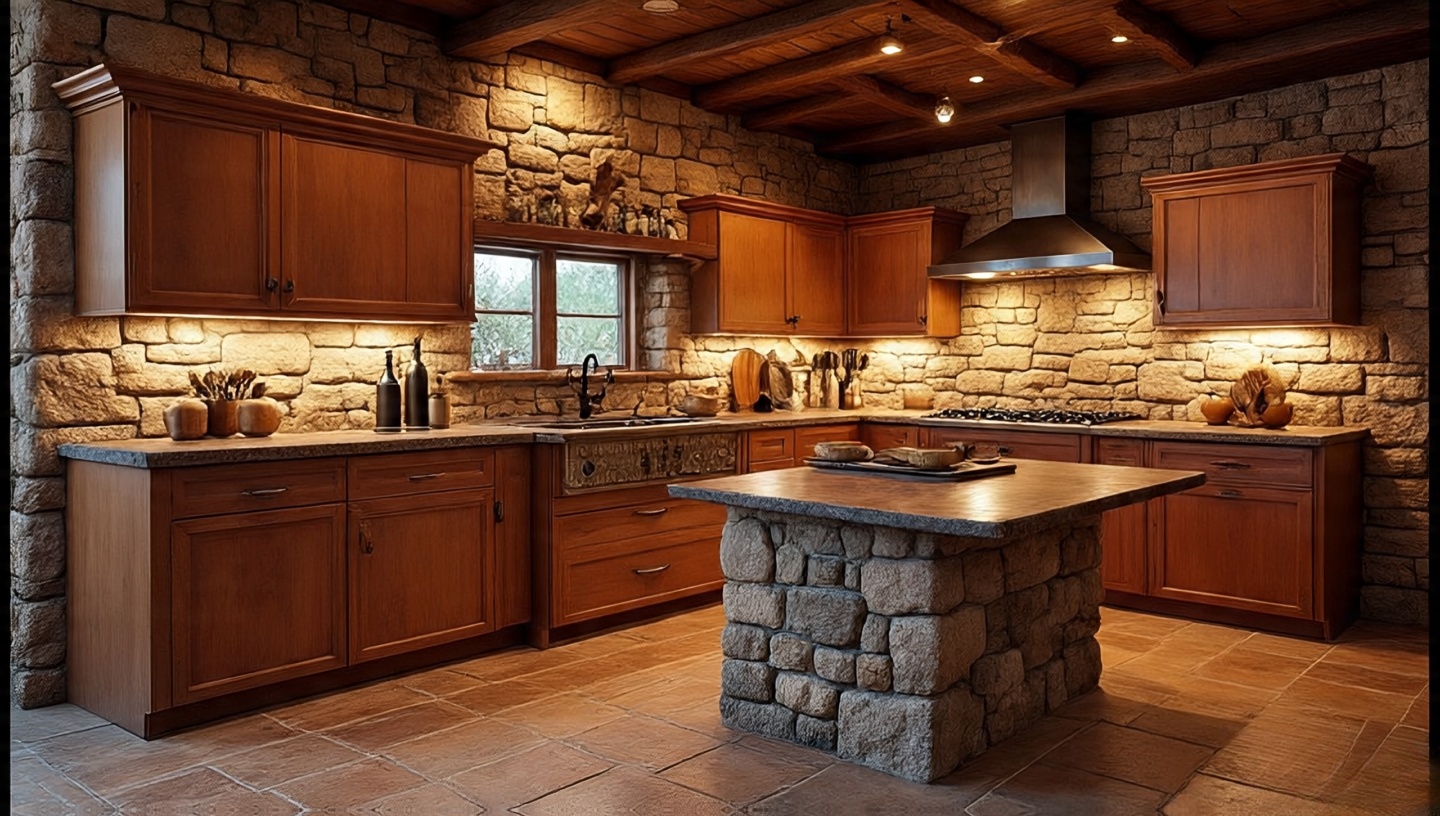 Stacked stone accent wall in a kitchen