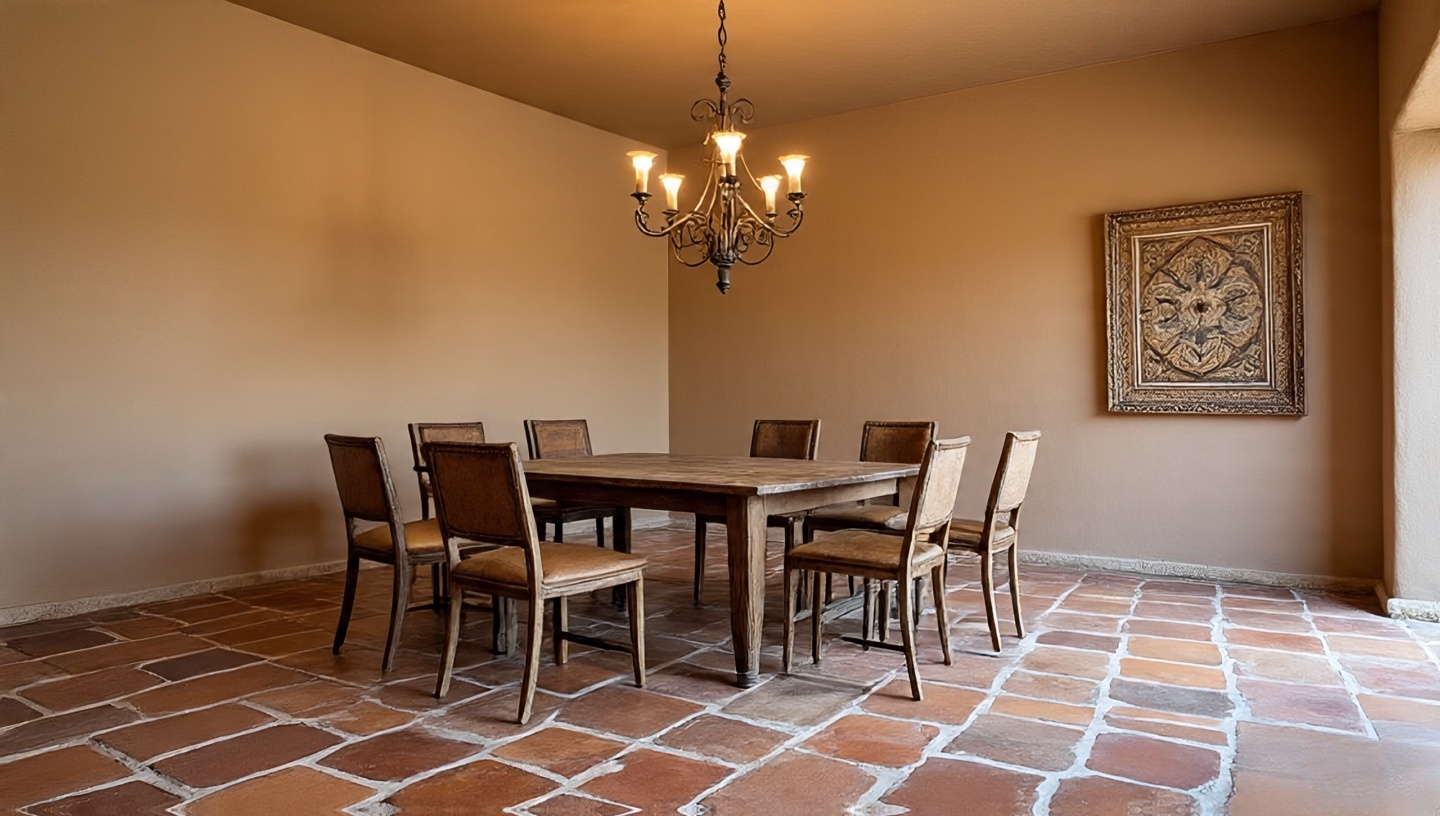 Spacious Southwestern dining room with beautiful Saltillo tile floors