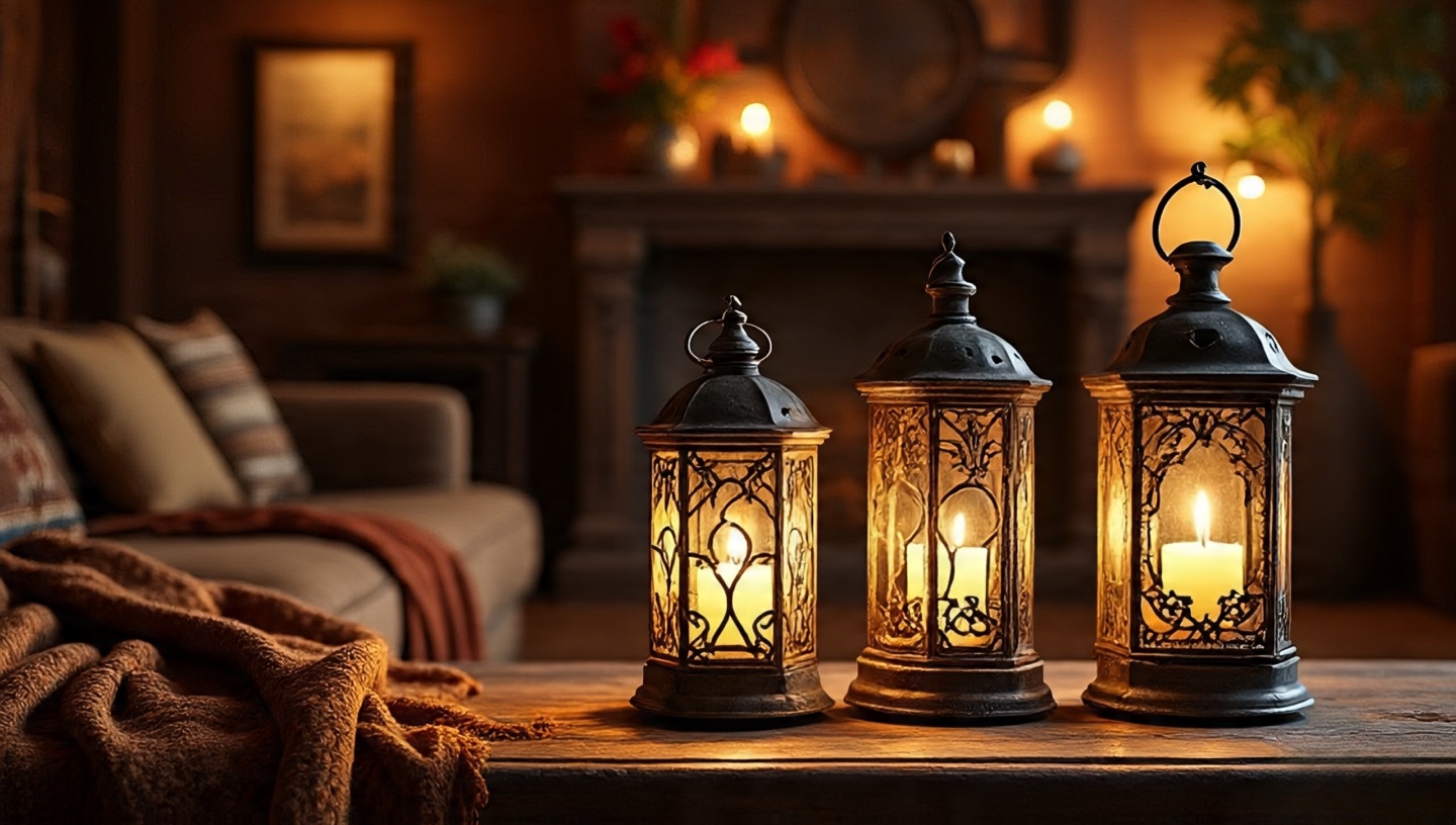Cluster of iron lantern candle holders at varying heights on hearth
