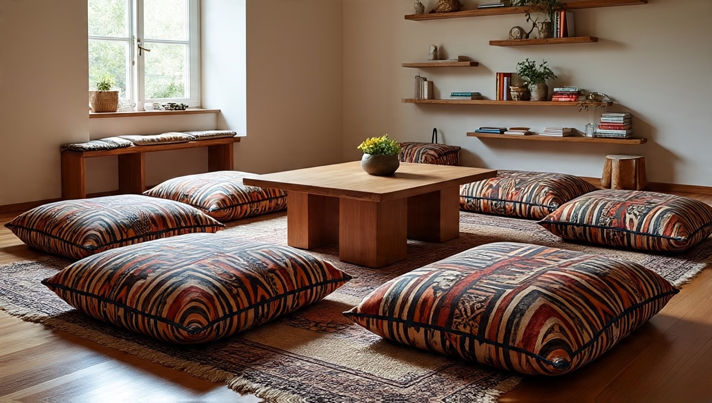 Oversized tribal print floor cushions for casual flexible seating in Southwestern lounge area
