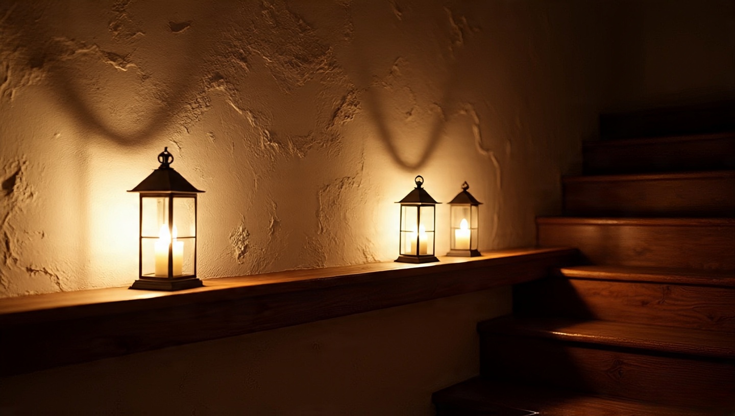 Mantel and stairs vignette at dusk with simple rustic candle lanterns providing a soft glow