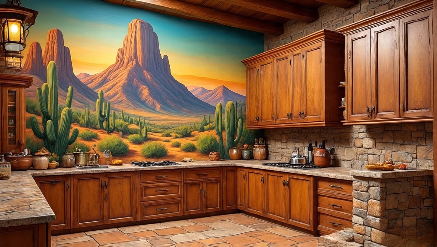 Hand-painted desert mural on a kitchen wall