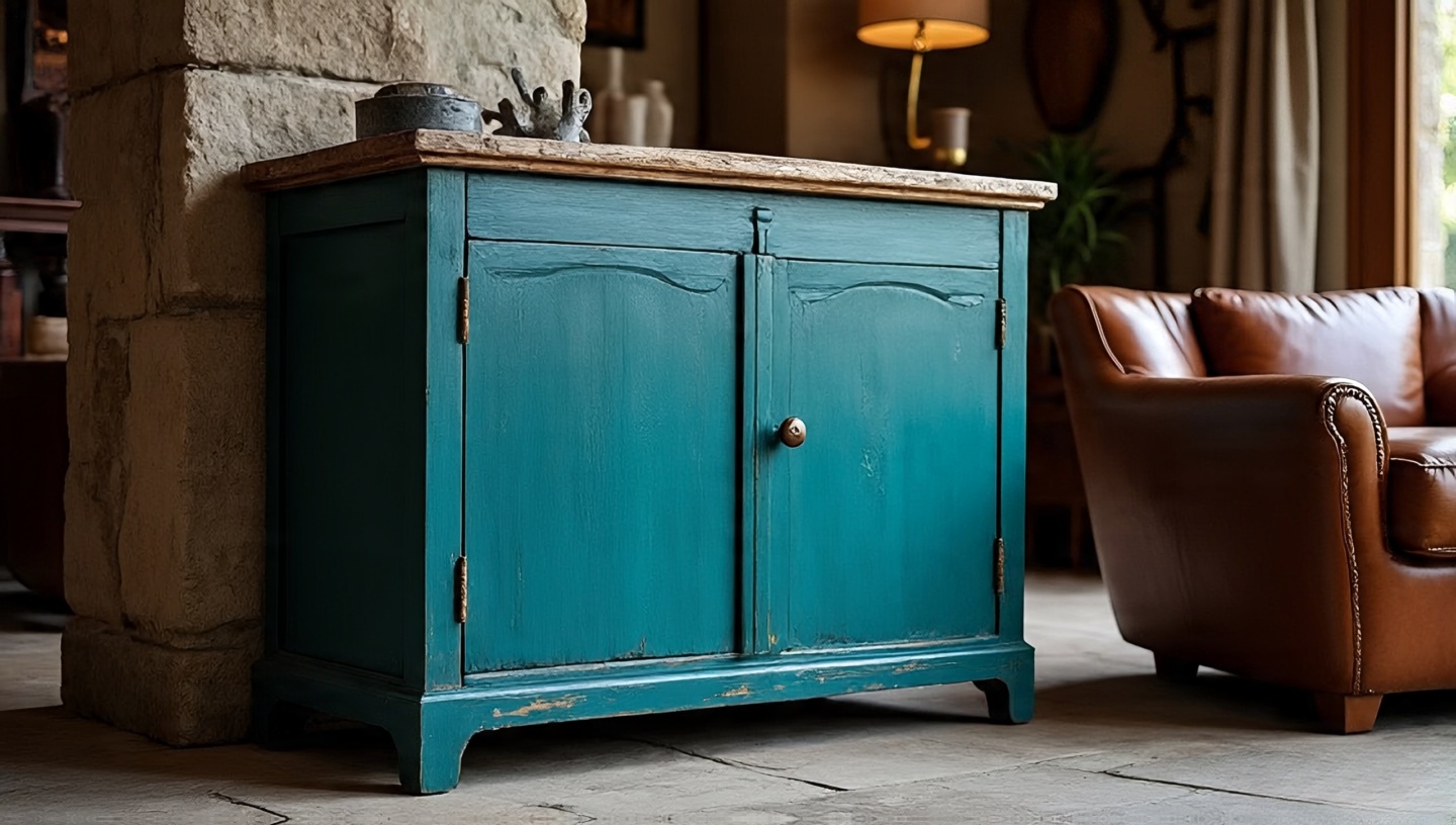 Painted wooden cabinet in deep teal as a color anchor in a neutral Southwestern room