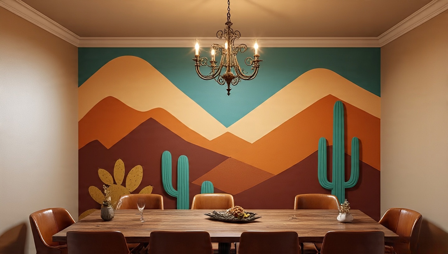 Dining room with a large desert-inspired mural on the main accent wall