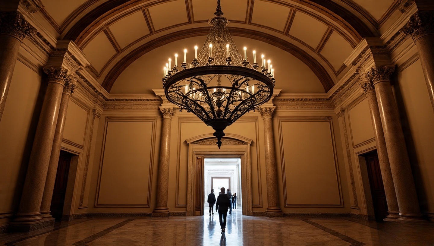 Grand entryway with an oversized statement chandelier made of iron and wood