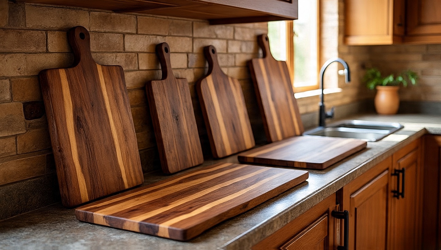 Wooden cutting boards leaned against a kitchen backsplash