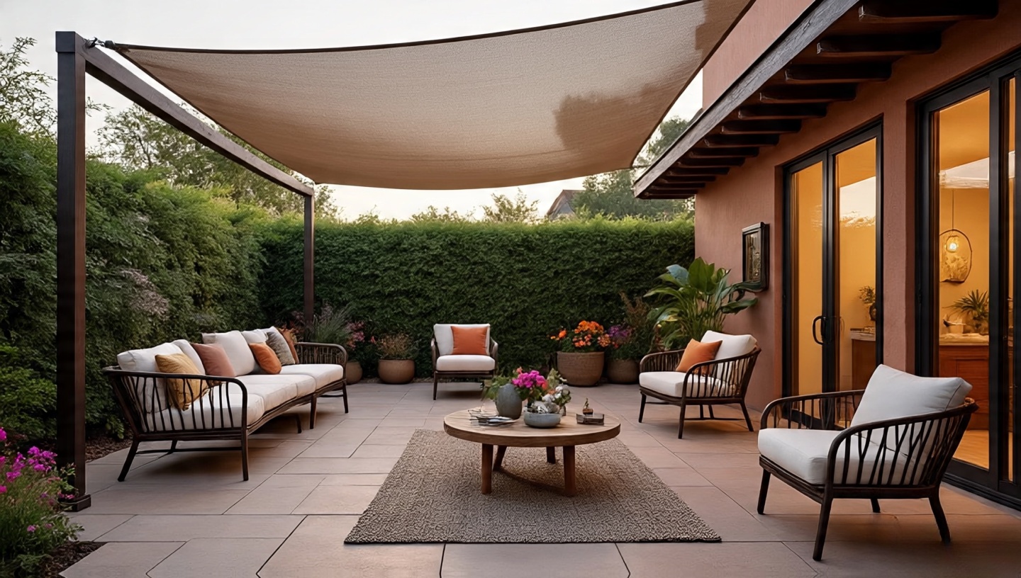 Wrought iron and eucalyptus wood patio furniture with breathable cushions in Southwestern style