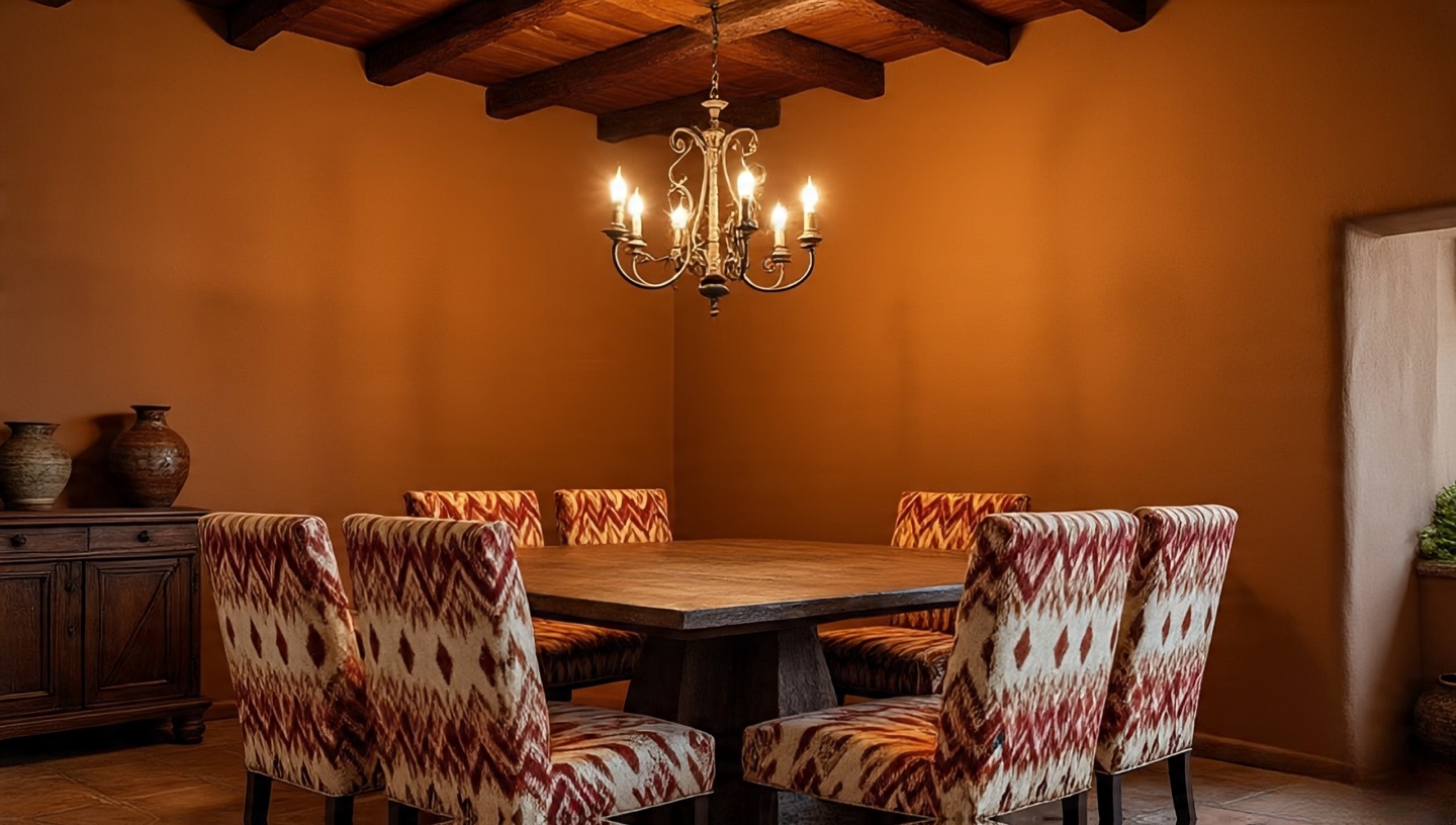 Southwestern dining room where upholstered chairs feature bold tribal patterns
