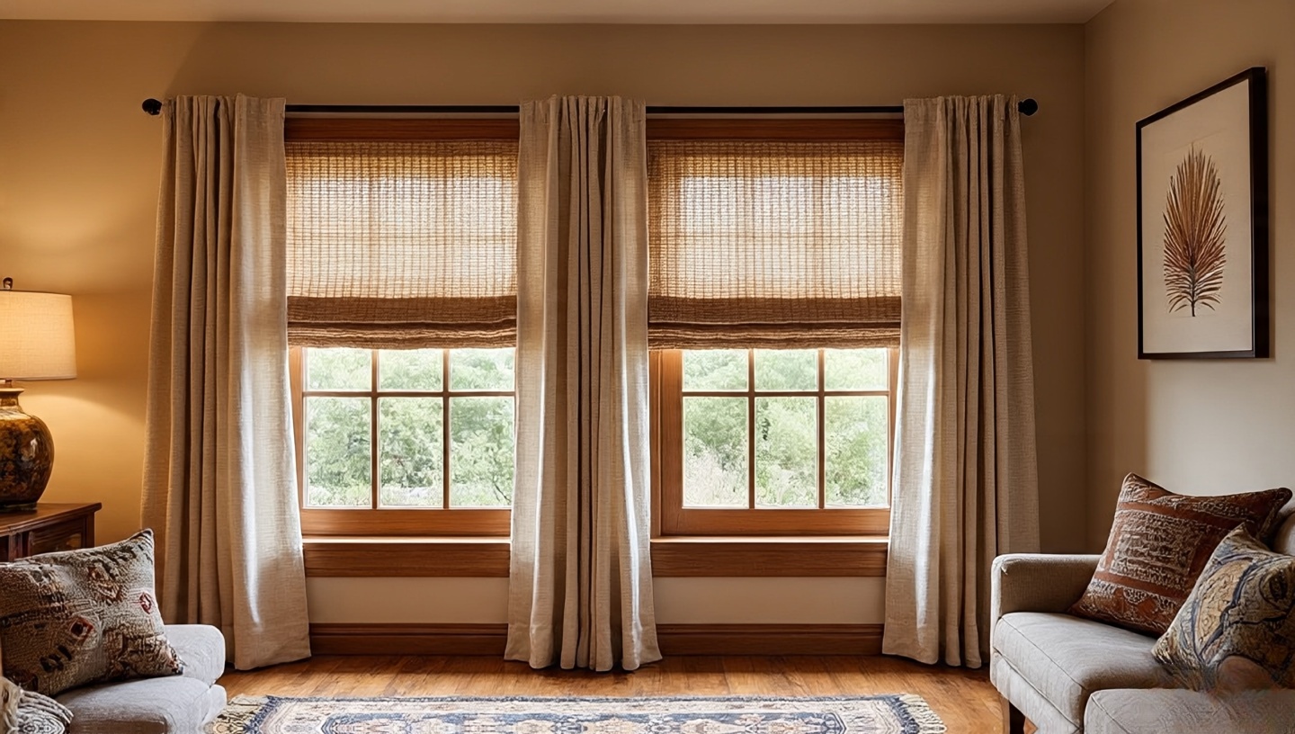 Woven shades with linen curtains in sand tones on iron rod