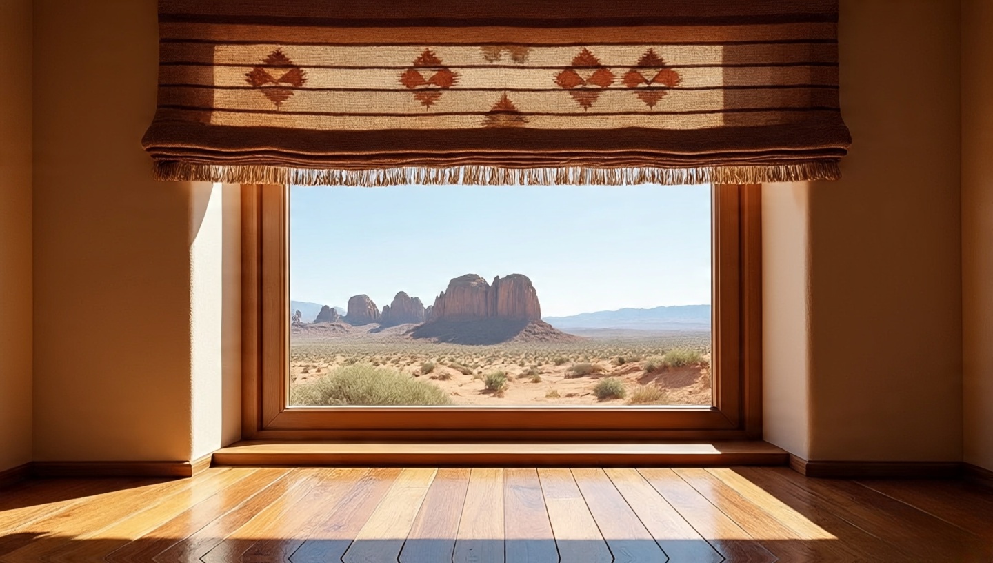 Southwestern textile used as window valance
