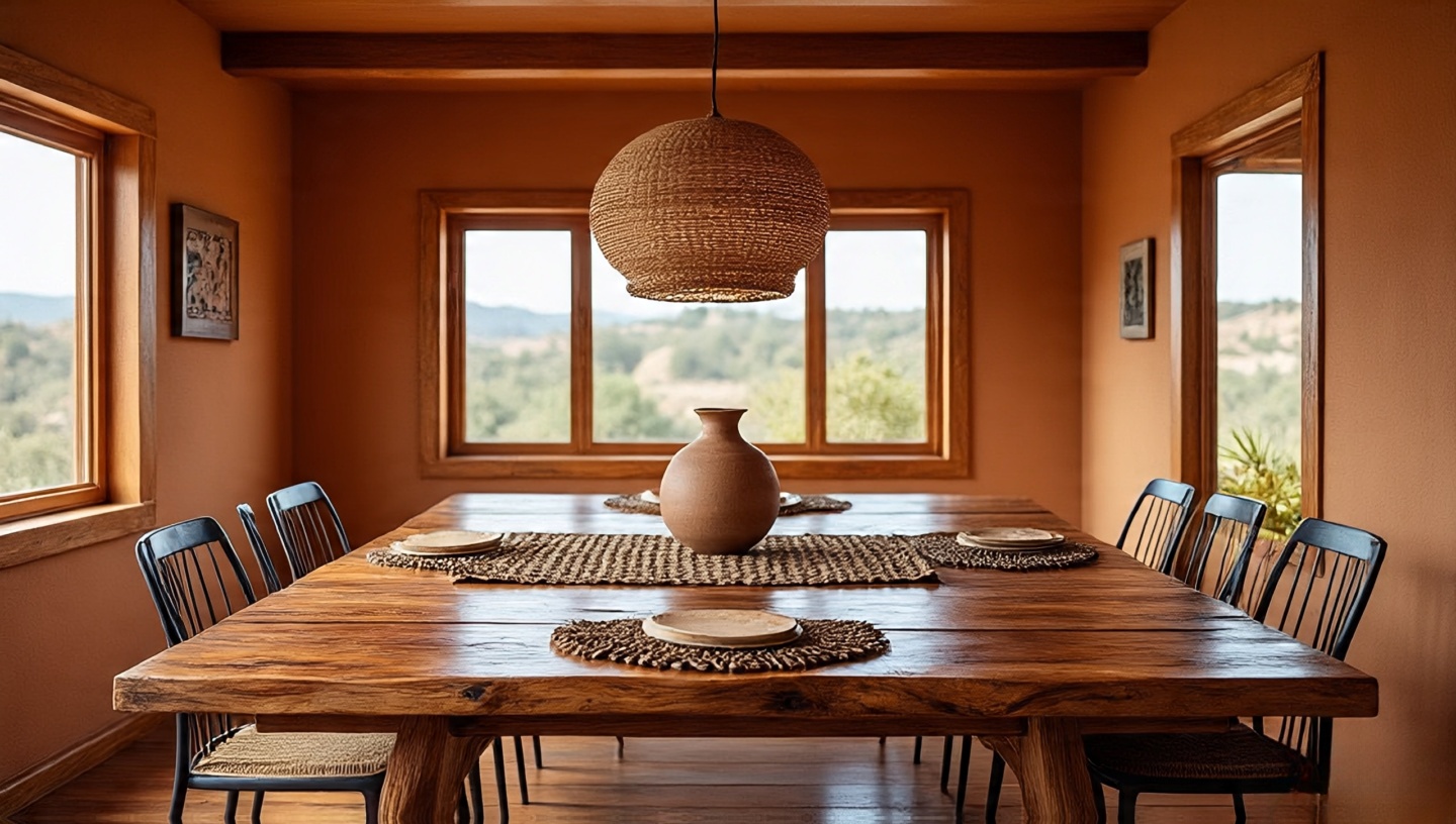 Southwestern dining space with heavy wood table, modern chairs and tribal placemats for communal meals