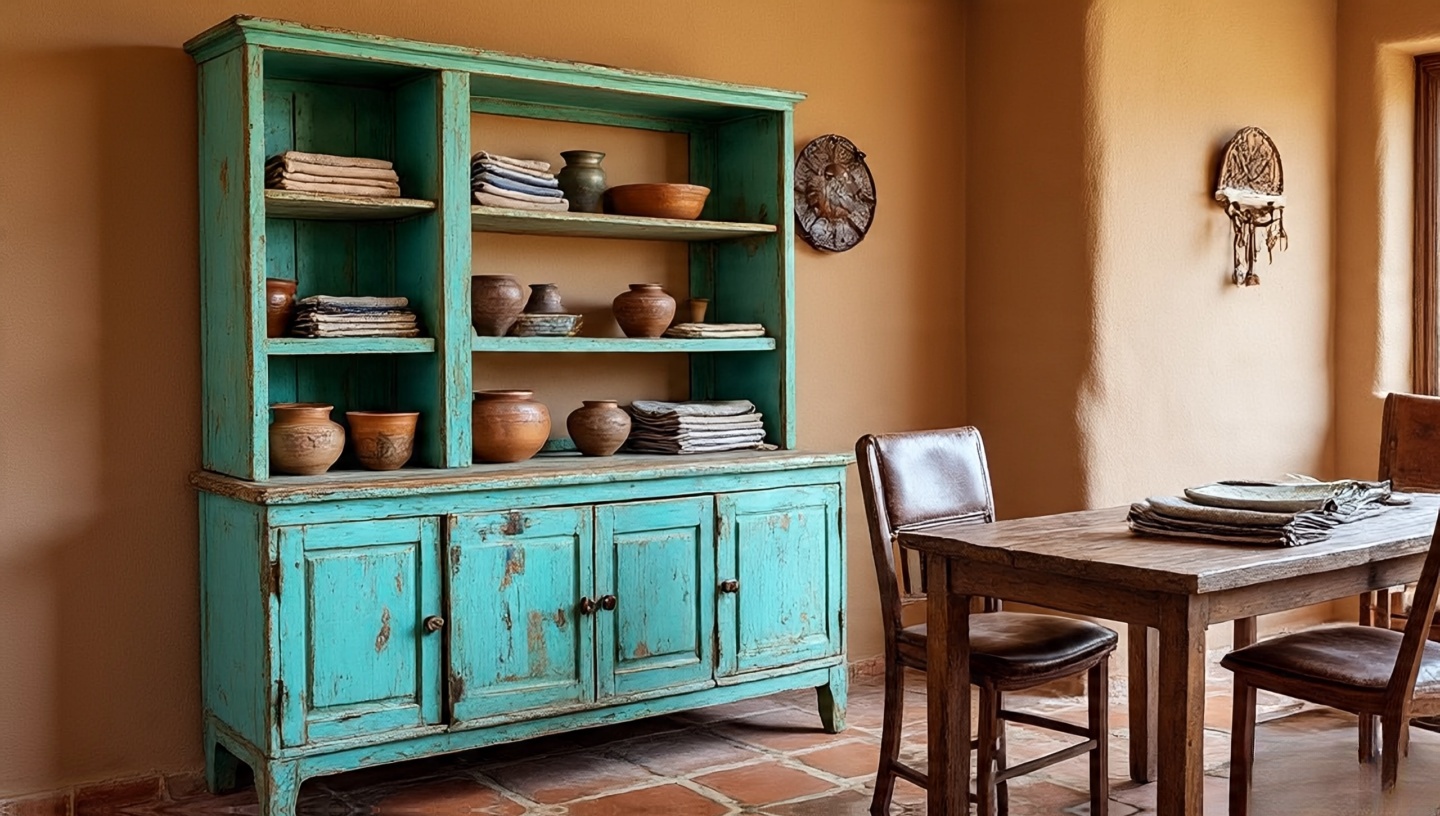 Dining room anchored by a large statement hutch with rustic character and open shelving