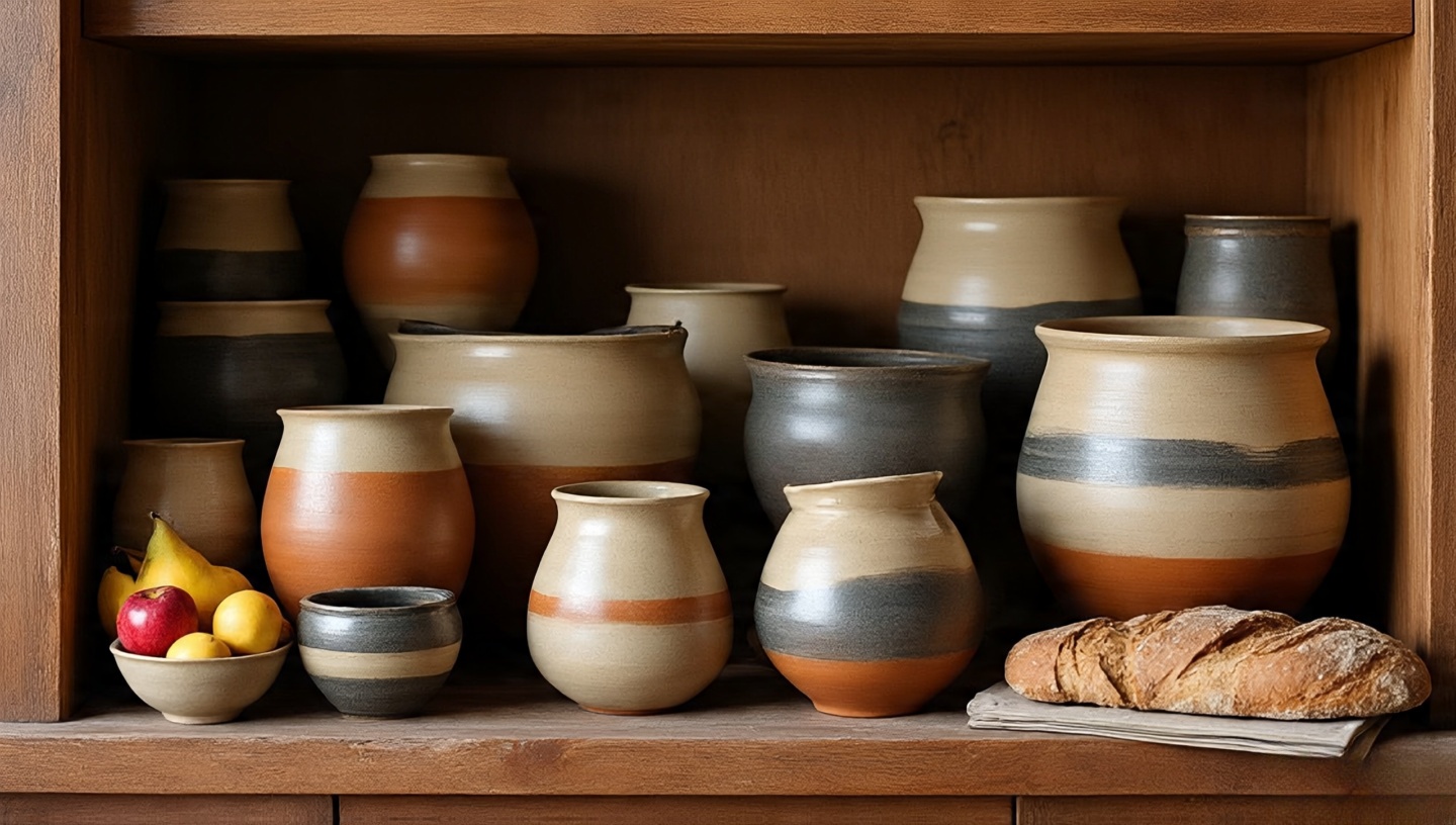 Display shelf devoted to handmade Southwestern ceramics with hand-thrown pottery and painted vases