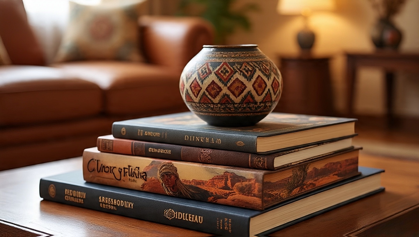 Stacked coffee table books about red rock canyons and Native art