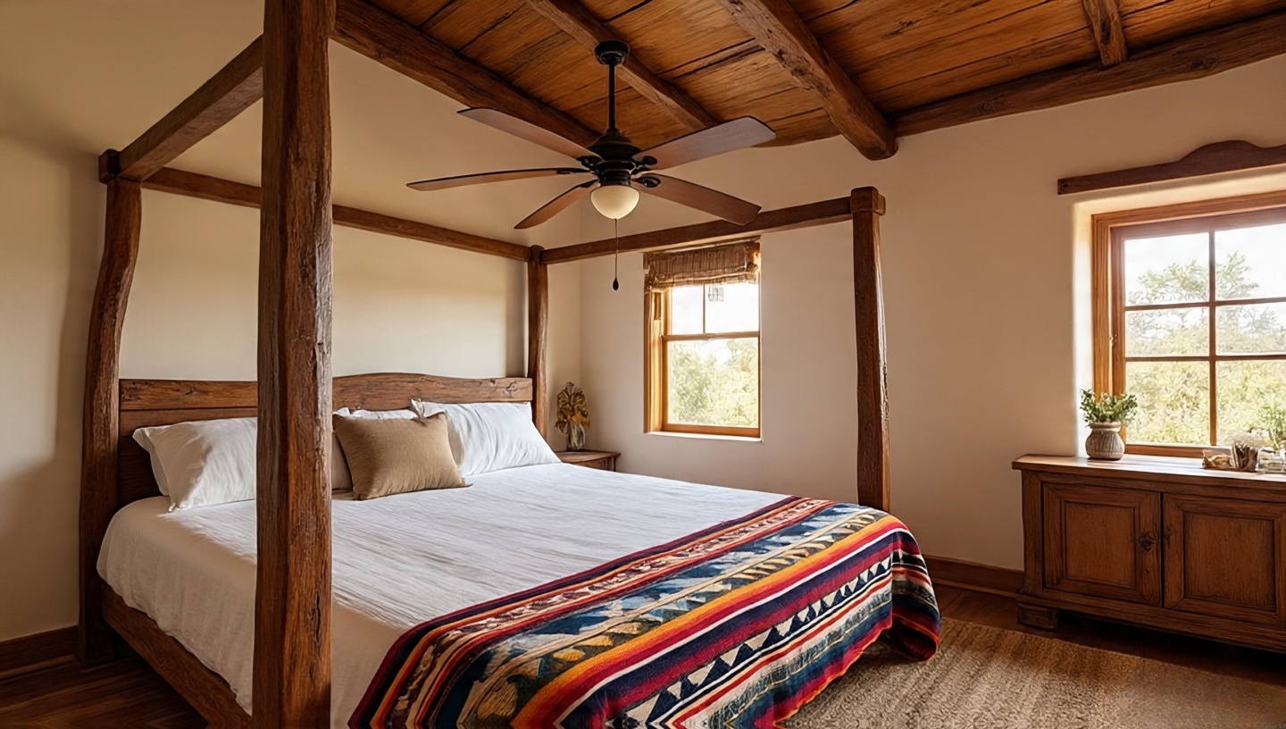 Chunky square-post wooden four-poster bed with a Navajo blanket in a Southwestern bedroom