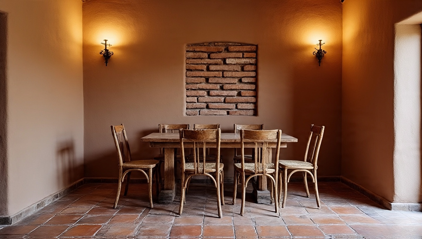 Dining room featuring an exposed adobe or brick wall for texture and warmth
